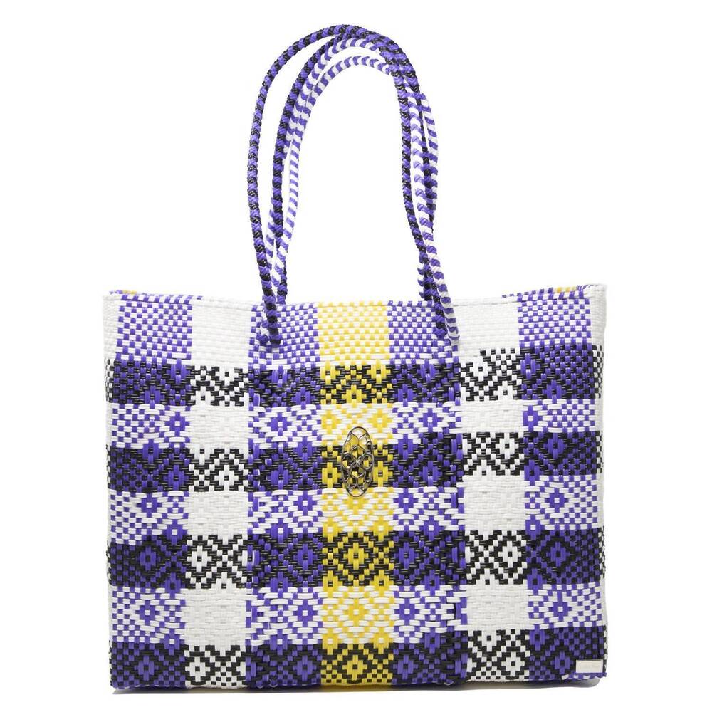 NEW LOLA'S BAG women's travel woven tote bag with clutch in purple/yellow